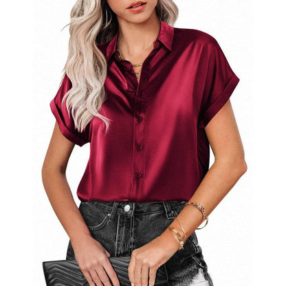 Cheky - Lapel Button Short Sleeve Shirt Summer Casual Loose Solid Color Beach Top For Womens Clothing