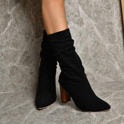 Cheky - Pointed Toe High Block Heels Boots Woman Winter Warm Mid-calf Suede Long Boots New Fashion Trendy Solid Shoes For Party Lady