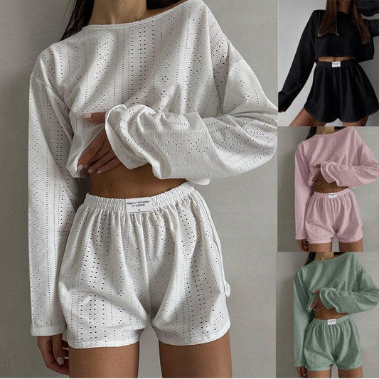 Cheky - 2pcs Women's Suit Long Sleeve Pullover Top And Shorts Fashion Simple Slim Fit Loose Hollow-out Design Suits