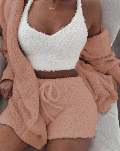 Cheky - Winter Sexy Women Home Wear Suit Casual Pajamas Set Lady Female Soft Warm Long Sleeve Exposed Navel Vest Shorts Set