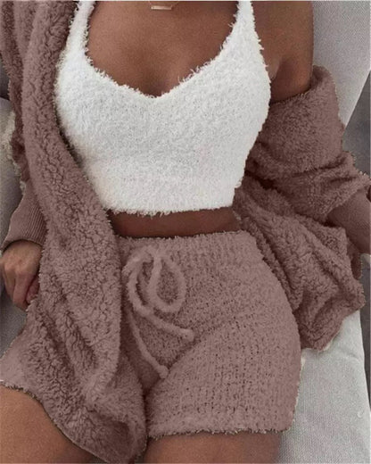 Cheky - Winter Sexy Women Home Wear Suit Casual Pajamas Set Lady Female Soft Warm Long Sleeve Exposed Navel Vest Shorts Set