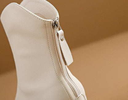 Cheky - Genuine Leather Pointed Toe High Heel Boots Female White Chunky Heels