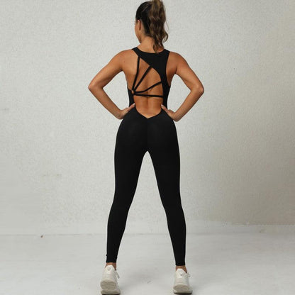 Cheky - Yoga Jumpsuit V-shaped Back Design Sleeveless Fitness Running Sportswear Stretch Tights Pants For Womens Clothing