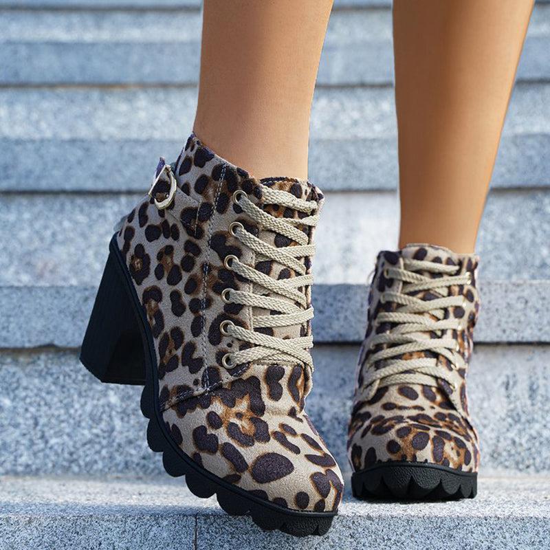 Cheky - Fashoin Leopard Print Ankle Boots Winter Square Heel Suede Lace-up Zip Boots Women Casual Versatile Shoes Autumn And Winter