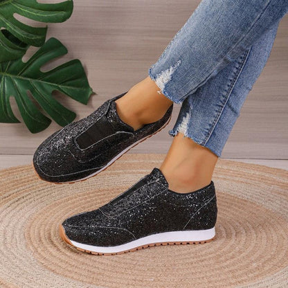 Cheky - Gold Sliver Sequined Flats New Fashion Casual Round Toe Slip-on Shoes Women Outdoor Casual Walking Running Shoes