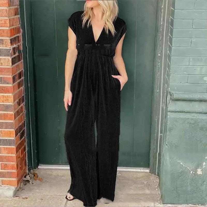 Cheky - V-neck Short-sleeved High Waist Long Jumpsuit