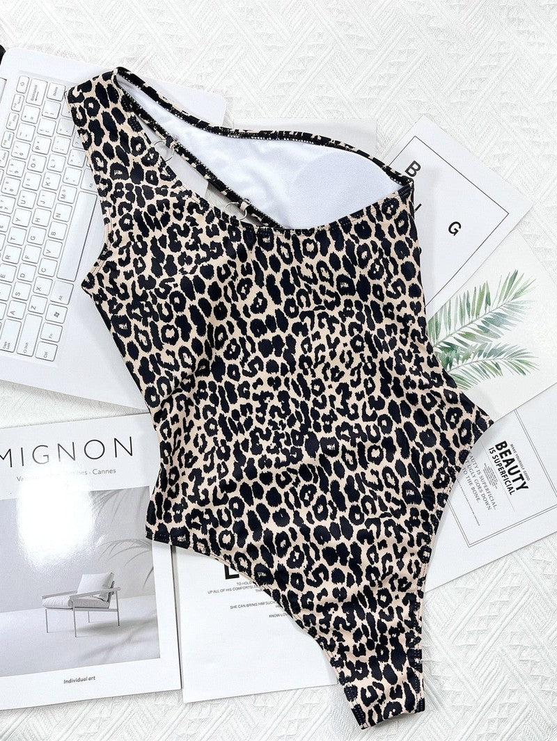 Cheky - New Bikini Leopard Print Cutout Strap One-Piece Swimsuit