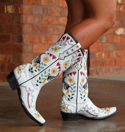 Cheky - Women's Mid-calf Embroidered Pointed Square Heel Pu Low Heel Fashion Boots