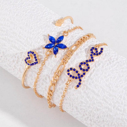 Cheky - 4pcs Blue Flower Love Butterfly Bracelet Set With Rhinestones Design Valentines Day