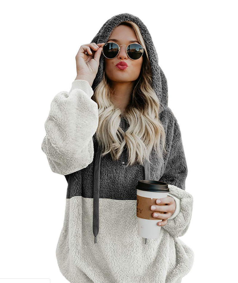 Cheky - Women Casual Plush Hoodies Zipper Patchwork Hooded Drawstring Sweatshirt Autumn Winter Lady Hooded Warm Loose Tops