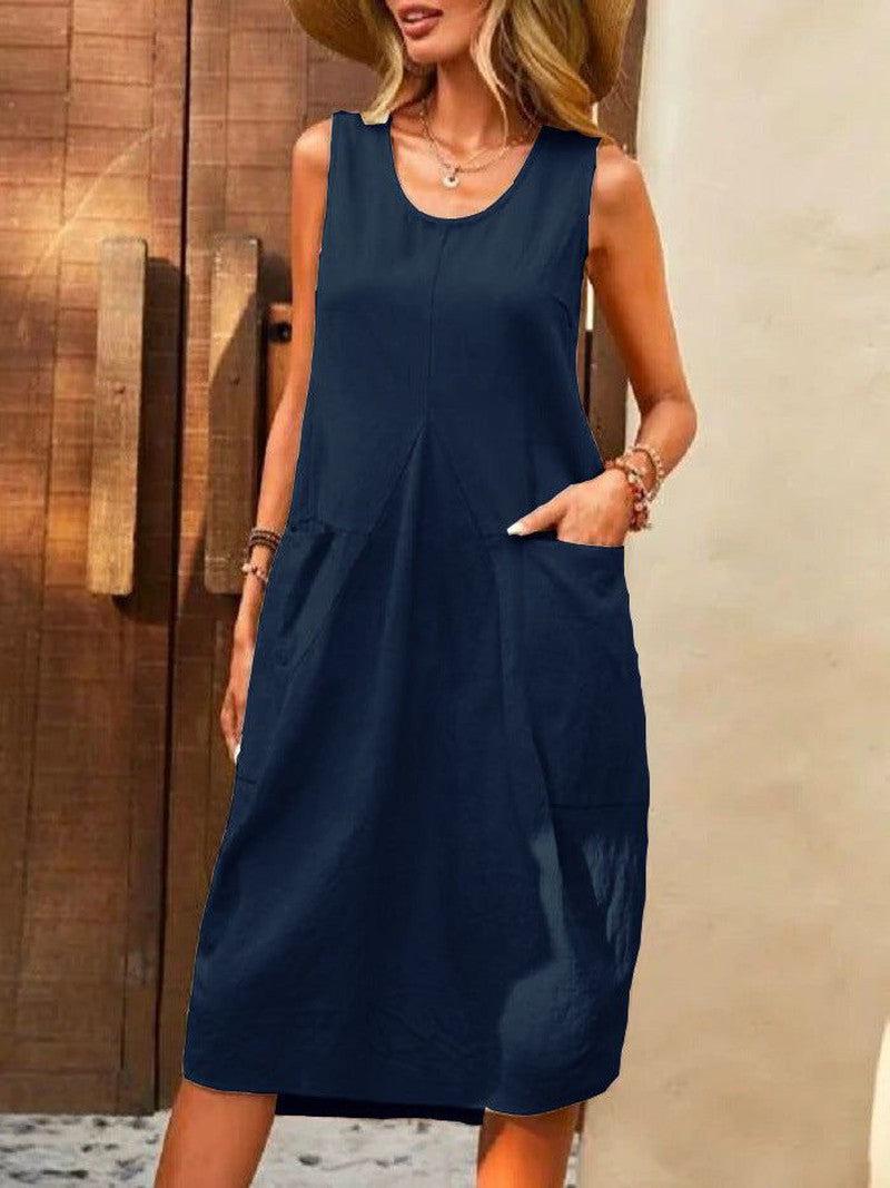 Cheky - Sleeveless U-neck Dress With Pockets Design Casual Solid Color Loose Dresses Summer Fashion Womens Clothing