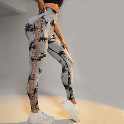 Cheky - Hollow Tie Dye Printed Yoga Pants High Waist Butt Lift Seamless Sports Gym Fitness Leggings Slim Pants For Women Tight Trousers