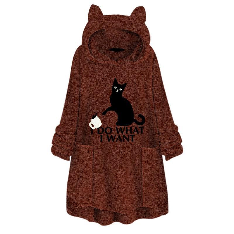 Cheky - Hooded Pullover Cat Print Long Sleeved Reversible Velvet Sweater