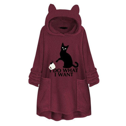 Cheky - Hooded Pullover Cat Print Long Sleeved Reversible Velvet Sweater