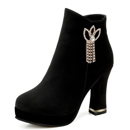 Cheky - Rhinestone Chunky Heel Fashion Short Boots Waterproof Platform High Heel Boots