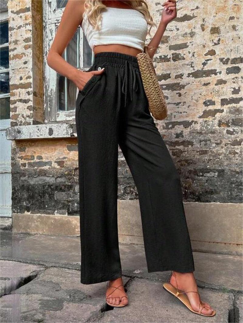 Cheky - New Casual Pants With Pockets Elastic Drawstring High Waist Loose Trousers For Women