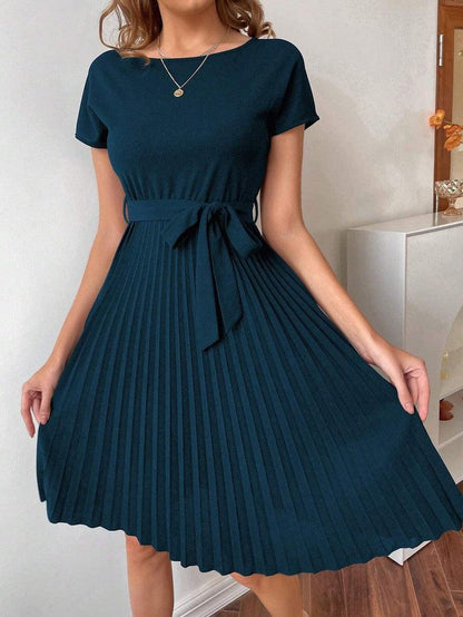 Cheky - Solid Color Belt Pleated Batwing Sleeve Women Long Dress