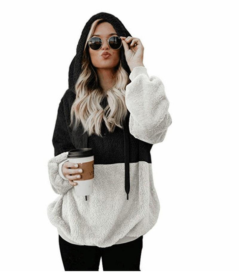 Cheky - Women Casual Plush Hoodies Zipper Patchwork Hooded Drawstring Sweatshirt Autumn Winter Lady Hooded Warm Loose Tops