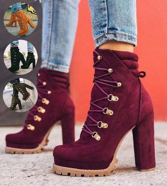 Cheky - Heeled Boots For Women Round Toe Lace UP High Heels Boots Mid Calf Shoes