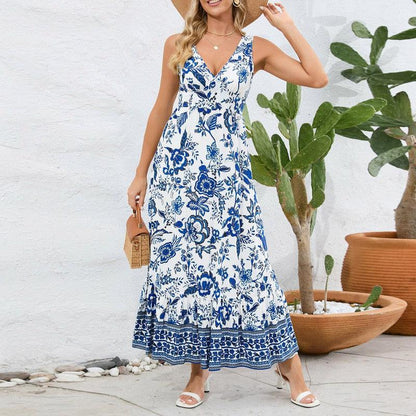 Cheky - Fashion Floral Print V-neck Dress Summer Sexy Slim Fit Sleeveless Long Dress