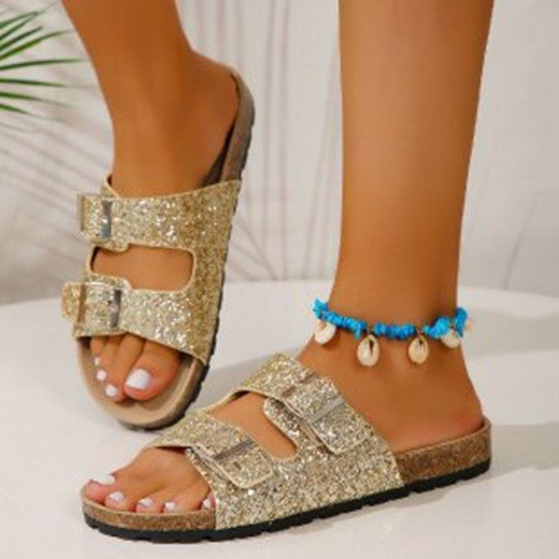 Cheky - Double Buckle Sandals For Women New Fashion Sequined Beach Shoes Summer Leisure Outdoor Slippers Slides