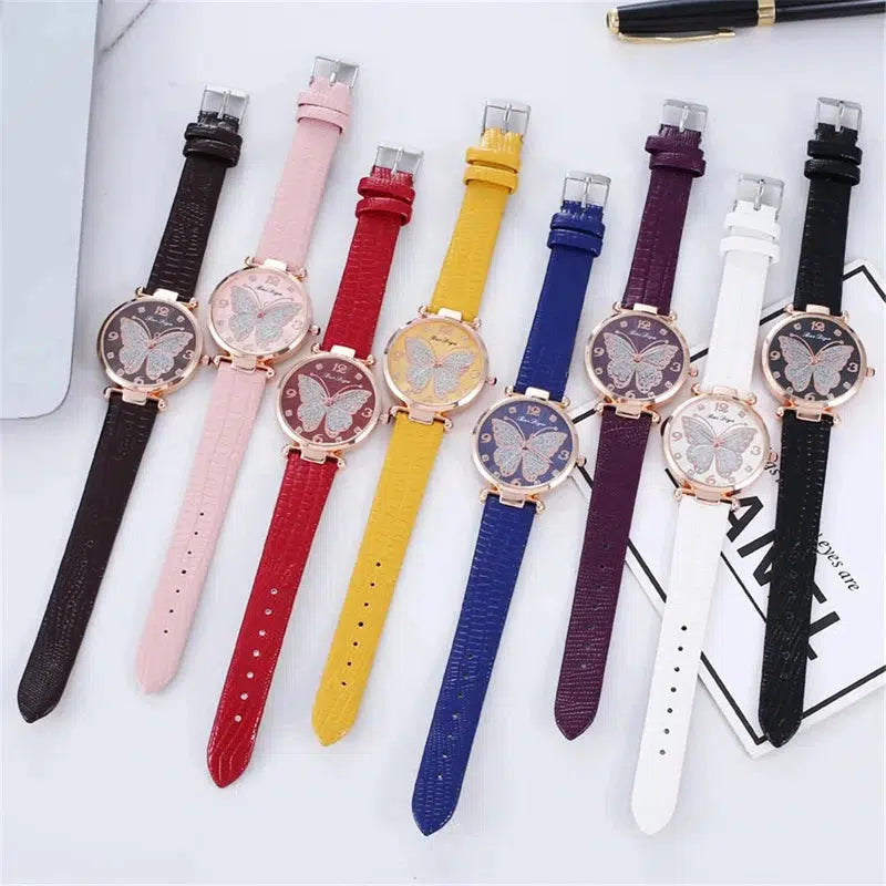 Cheky - Butterfly Diamond Dial Design Women Quartz Watches Fashion Casual Ladies Wristwatches Simple Woman Leather Clock Montre Femme