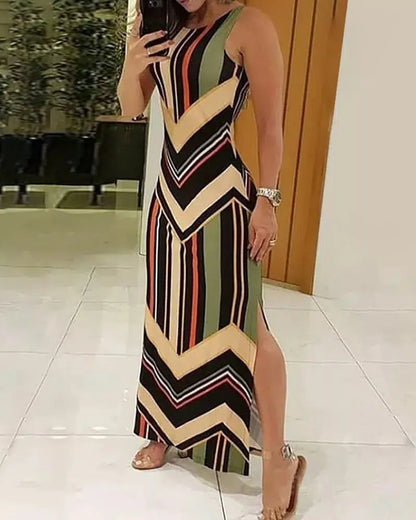 Cheky - Colorful Striped Print Side Slit Maxi Dress Women