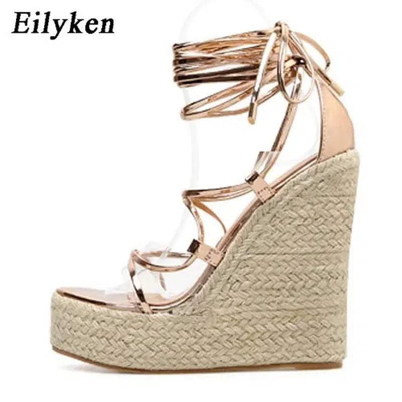 Cheky - Eilyken 2024 New Champagne Gold Wedges Sandals Women Lace-Up Peep Toe Summer High Heels Elegant Ankle Strap Shoes Large Size 42