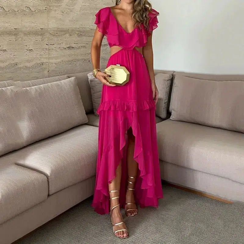 Cheky - Ellafads Women Maxi Dress Summer Casual Solid Ruffled Sleeve V Neck Open Waist Chiffon Party Evening Dresses High Streetwear