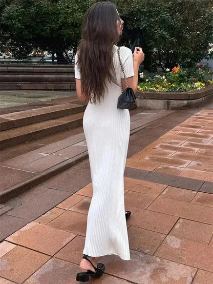 Cheky - White Knit Maxi Dress - Short Sleeve Elegant Party Wear