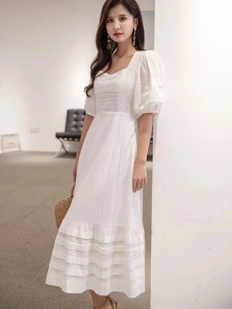 Cheky - Jastie French White Dress Cotton Embroidered V-neck Elegant Ladies Dress Ruffle Hem Chic Autumn Dress Retro Luxury Brand Dress