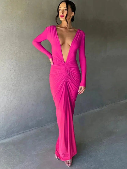 Cheky - Backless Maxi Dress Elegant Red Long Sleeve Sexy Ruched Bodyocn Evening Party Dress for Women Spring Slim Christmas Outfits