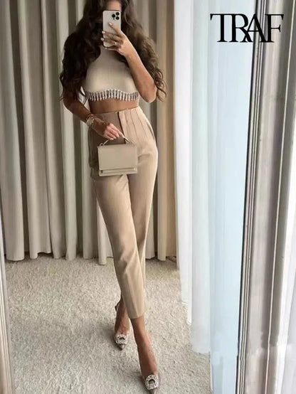 Cheky - TRAF Women Fashion With Pockets Casual Basic Solid Pants Vintage High Waist Zipper Fly Female Ankle Trousers Pantalones Mujer