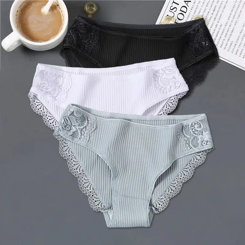 Cheky - FINETOO 3Pcs/set Women Cotton Panties M-2XL Low-Rise Underwear Trendy Patchwork Lace Briefs Female Soft Underpants Lingerie 2022