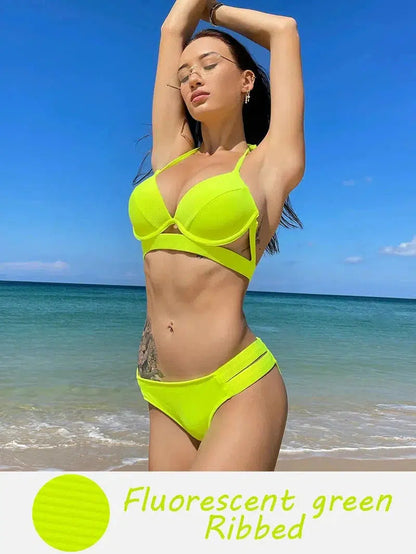 Cheky - Andzhelika Solid Push Up Bikinis Women Bandage Bikini Sets Swimsuit Sexy Halter Two Pieces Beachwear Bathing Suit Swimwear