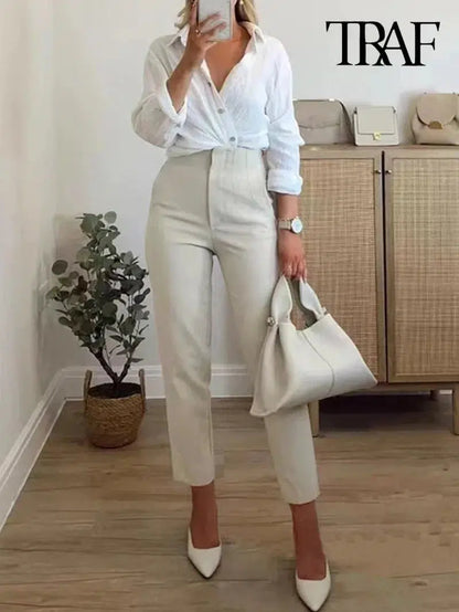 Cheky - TRAF Women Fashion With Pockets Casual Basic Solid Pants Vintage High Waist Zipper Fly Female Ankle Trousers Pantalones Mujer