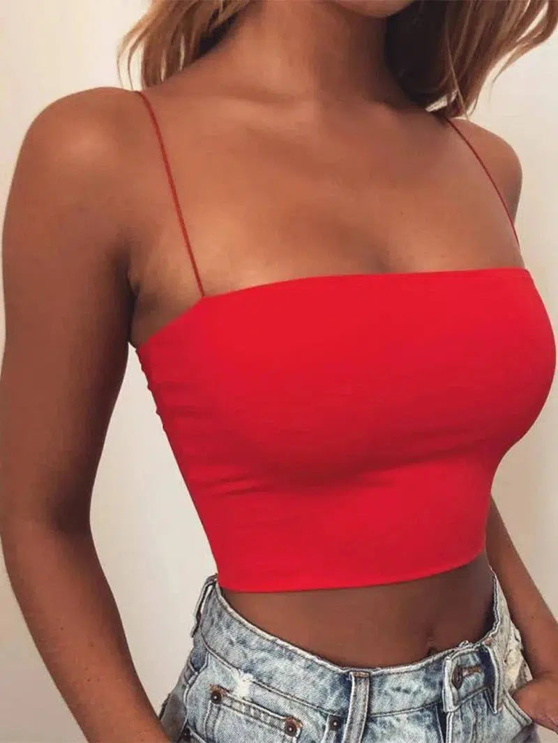 Cheky - 2024 New Fashion Women Spaghetti Strap Crop Top Sexy Bodycon Sleeveless Cami Tube Top Basic Plain Camisole