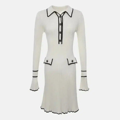 Cheky - Tossy Ruffled Fashion Knit Dress Women Autumn Ribbed Contrast Long Sleeve High Waist Lapel Gown Dress Knitwear Ladies Maxi Dress