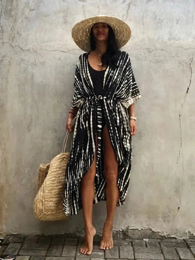 Cheky - Beach Cover Ups for Swimwear Women Black Tie Dye Kimono Swimsuit Cape Summer Dress 2022 Beachwear Outfits Sales