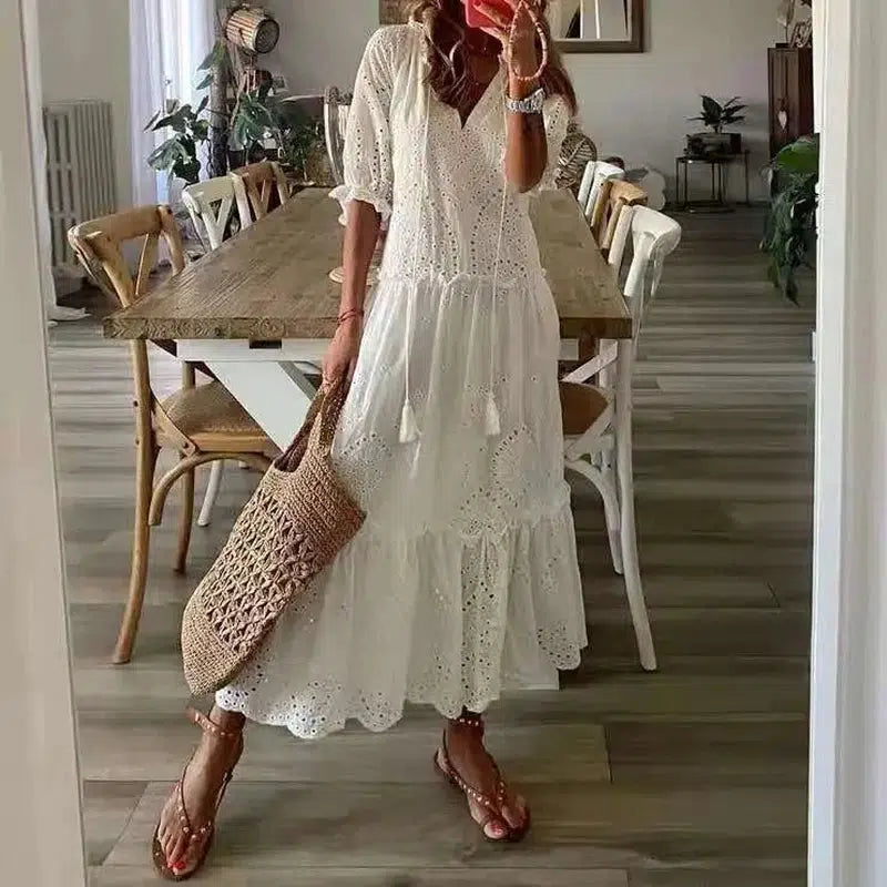 Cheky - Foridol Casual Hollow Out V Neck White Lace Maxi Dress Vintage A-line Loose Embrioderied Floral Print Bohemian Long Sundress