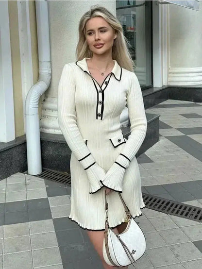 Cheky - Tossy Ruffled Fashion Knit Dress Women Autumn Ribbed Contrast Long Sleeve High Waist Lapel Gown Dress Knitwear Ladies Maxi Dress