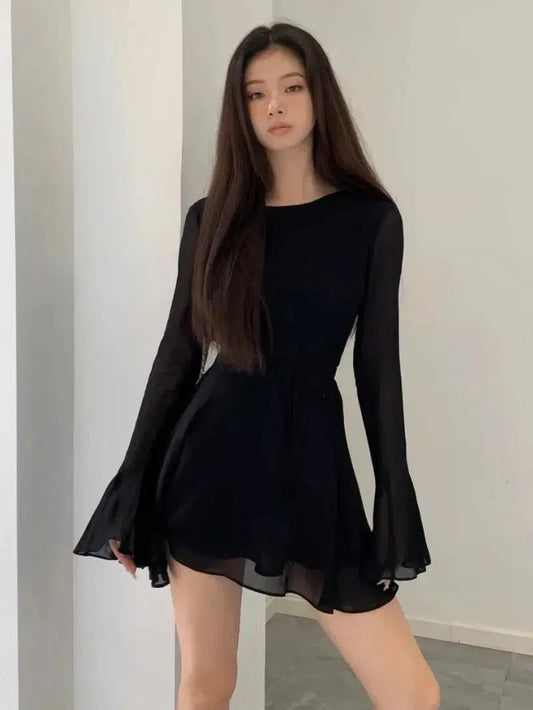 Cheky - HOUZHOU Backless Black Dress Women Elegant Back Hollow Out Lace-up Long Sleeve Mesh Patchwork Sexy Slim Ruffle Mini Dress Party