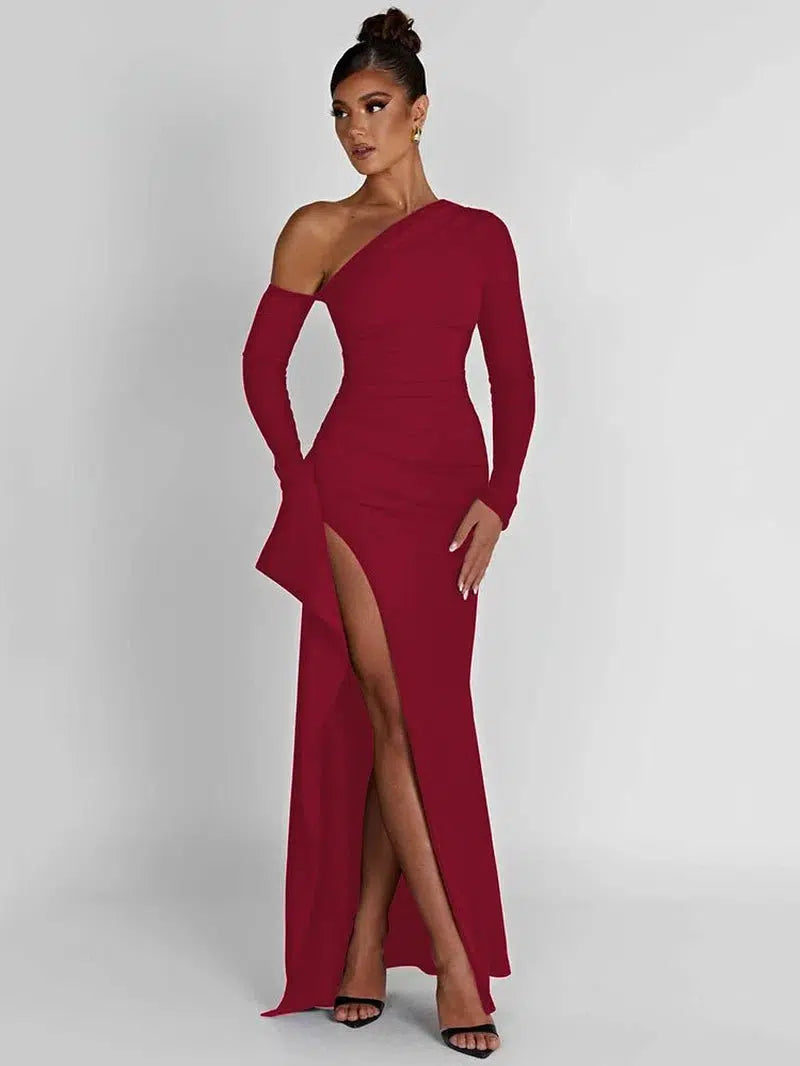 Cheky - Oblique Shoulder High Split Maxi Dress - Sexy Backless Party Wear