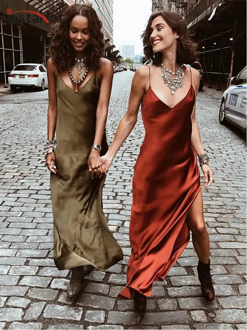 Cheky - InstaHot Sexy Satin V Neck Maxi Dress Women Spaghetti Strap Sleeveless Backless Side Split Long Dresses Summer Lady Vestido