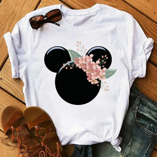 Cheky - Disney T Shirt Women Flower Minnie Mouse Clothes Leopard Print Kawaii T-Shirt Summer Tops Harajuku Black Women Tees