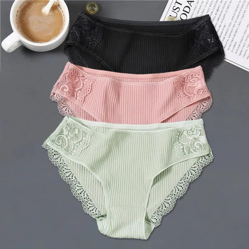 Cheky - FINETOO 3Pcs/set Women Cotton Panties M-2XL Low-Rise Underwear Trendy Patchwork Lace Briefs Female Soft Underpants Lingerie 2022