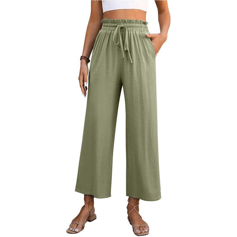 Cheky - Drawstring High Waist Straight Pants Summer Casual Solid Color Loose Wide Leg Trousers For Womens Clothing