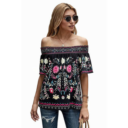 Cheky - Women's Printed T-shirt Loose Off Shoulder Top