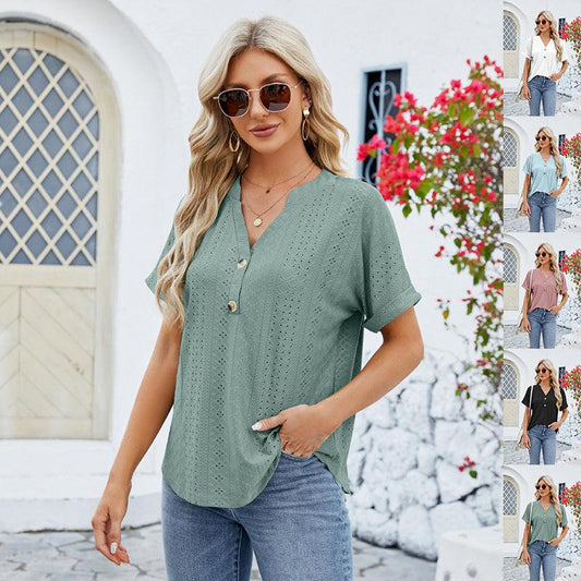 Cheky - V-neck Rolled Hem Short-sleeved Top Summer Fashion Button Hollow Design Loose Casual T-shirt Womens Clothing