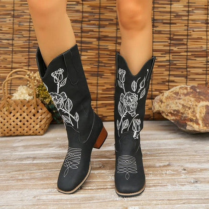 Cheky - Flower Embroider Mid Calf Cowboy Boots Women Autumn Winter Chunky Heels Western Boots Square Toe Denim Long Boots Fashion Shoes